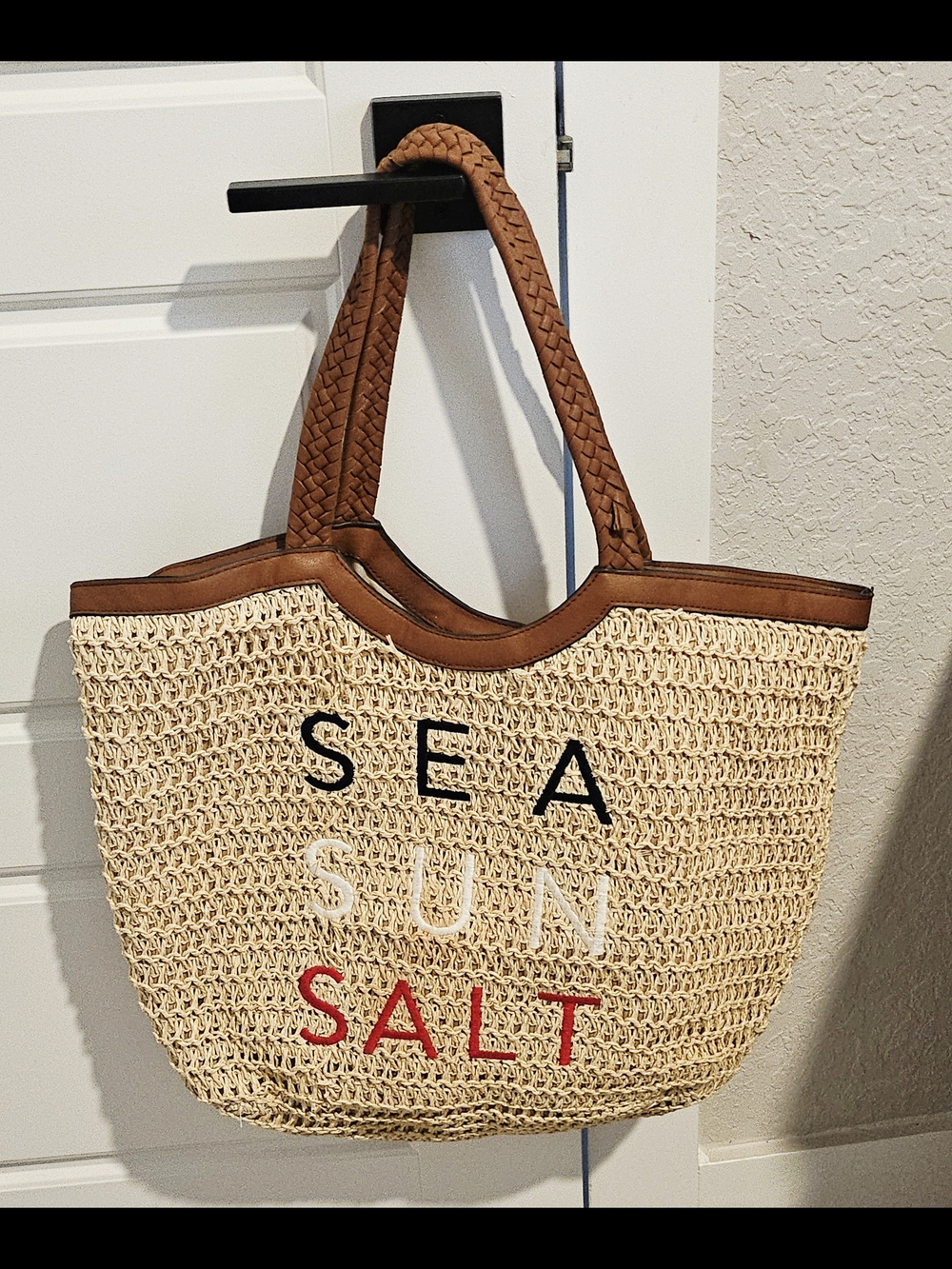 Woven Straw Beach Tote with Brown Trim - "SEA SUN SALT"
